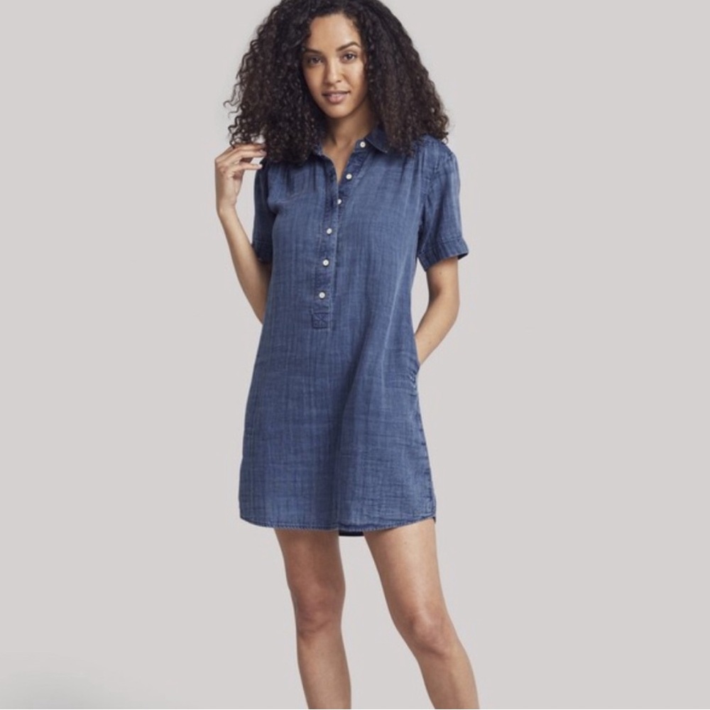 NWOT Faherty Womenās S Hana Chambray Organic Cotton Pocket Dress Indigo Wash